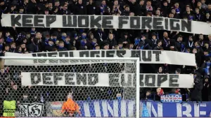 Rangers fans hold up banners in the stands during last week’s Europa League game against Fenerbahce (Steve Welsh/PA)