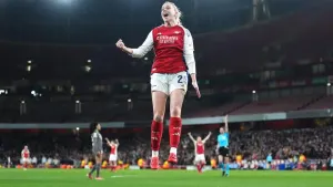 Alessia Russo celebrates during Arsenal’s 3-0 win over Real Madrid (Adam Davy/PA)