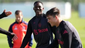 Kobbie Mainoo trains with his Manchester United team-mates ahead of Lyon trip
