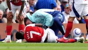 Arsenal’s Bukayo Saka went off with more than half an hour of the match at Ipswich remaining (PA)