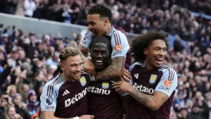 Aston Villa’s Amadou Onana, centre, celebrates his goal with team-mates (Nick Potts/PA)