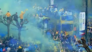 Leeds celebrated their Sky Bet Championship win with fans in an open-top bus parade (Owen Himphreys/PA)