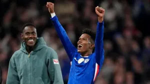 Estevao Willian celebrates at the final whistle (Adam Davy/PA)