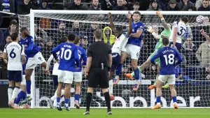 Micky van de Ven, right, scores his and Tottenham’s second goal (Peter Byrne/PA)