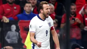 Harry Kane celebrates scoring England’s first goal (Bradley Collyer/PA)