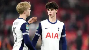 Tottenham’s Archie Gray, right, and Lucas Bergvall (Nick Potts/PA)