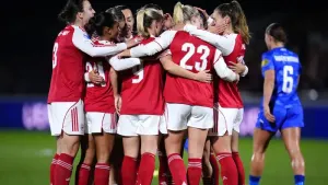 Arsenal’s players celebrate Beth Mead’s winner against Champions League rivals Twente (Adam Davy/PA)