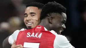 Gabriel Jesus (left) celebrates with Bukayo Saka following Arsenal’s late winner (Nick Potts/PA)