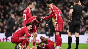 Alexander Isak is surrounded by concerned team-mates (Adam Davy/PA)
