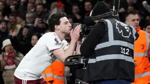 Declan Rice kisses the camera after scoring his second goal against Bournemouth (Andrew Matthews/PA)