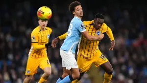 Manchester City’s Max Alleyne and Brighton and Hove Albion’s Danny Welbeck battle for the ball (Mike Egerton/PA)