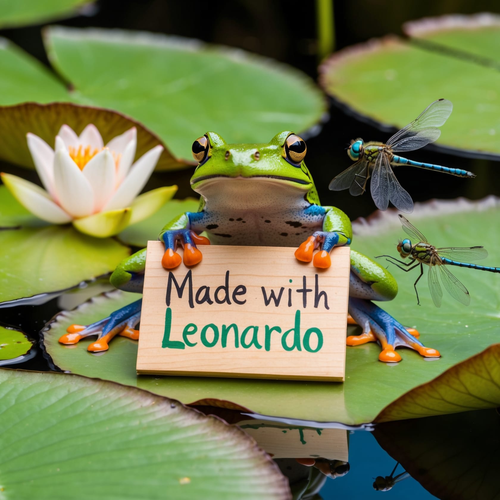 Macro photo of a tiny frog on a lily pad holding a hand-painted sign that says "Made with Leonardo", with dragonflies buzzing about.