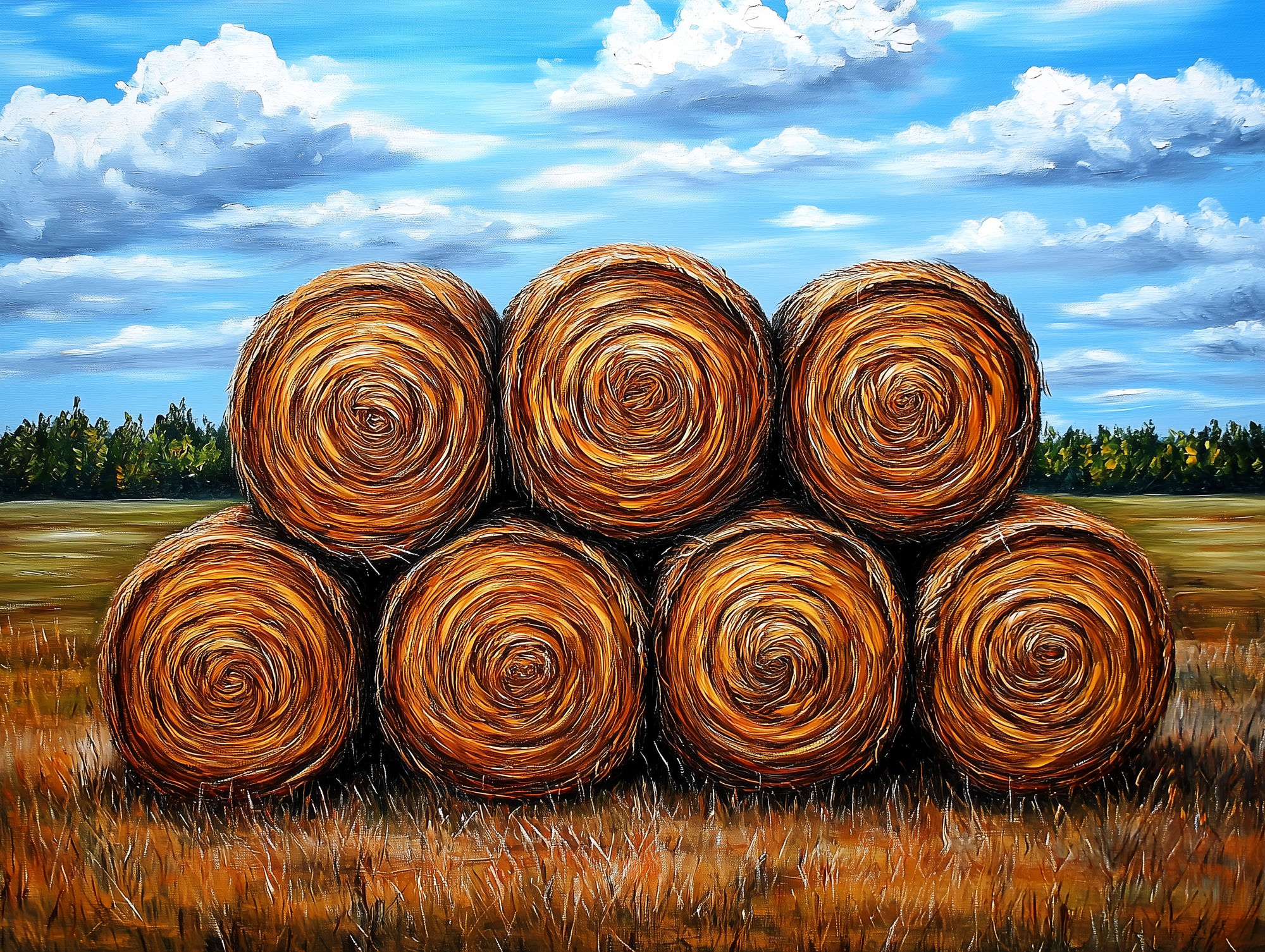 Impressionist oil painting of a stack of hay bales in a field with blue skies and wispy clouds