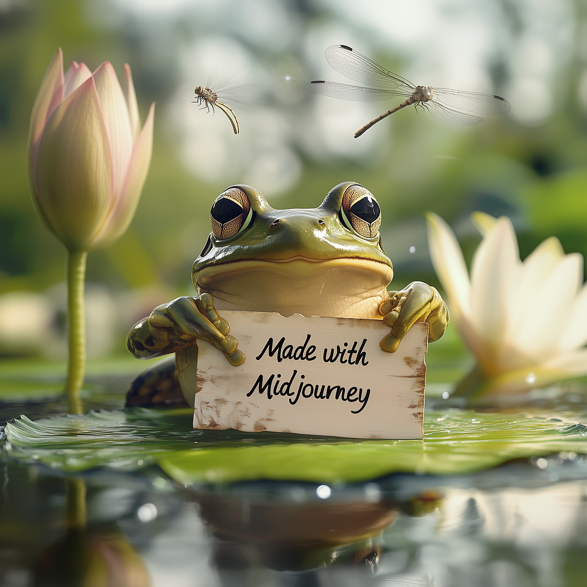 Macro photo of a tiny frog on a lily pad holding a hand-painted sign that says "Made with Midjourney", with dragonflies buzzing about.