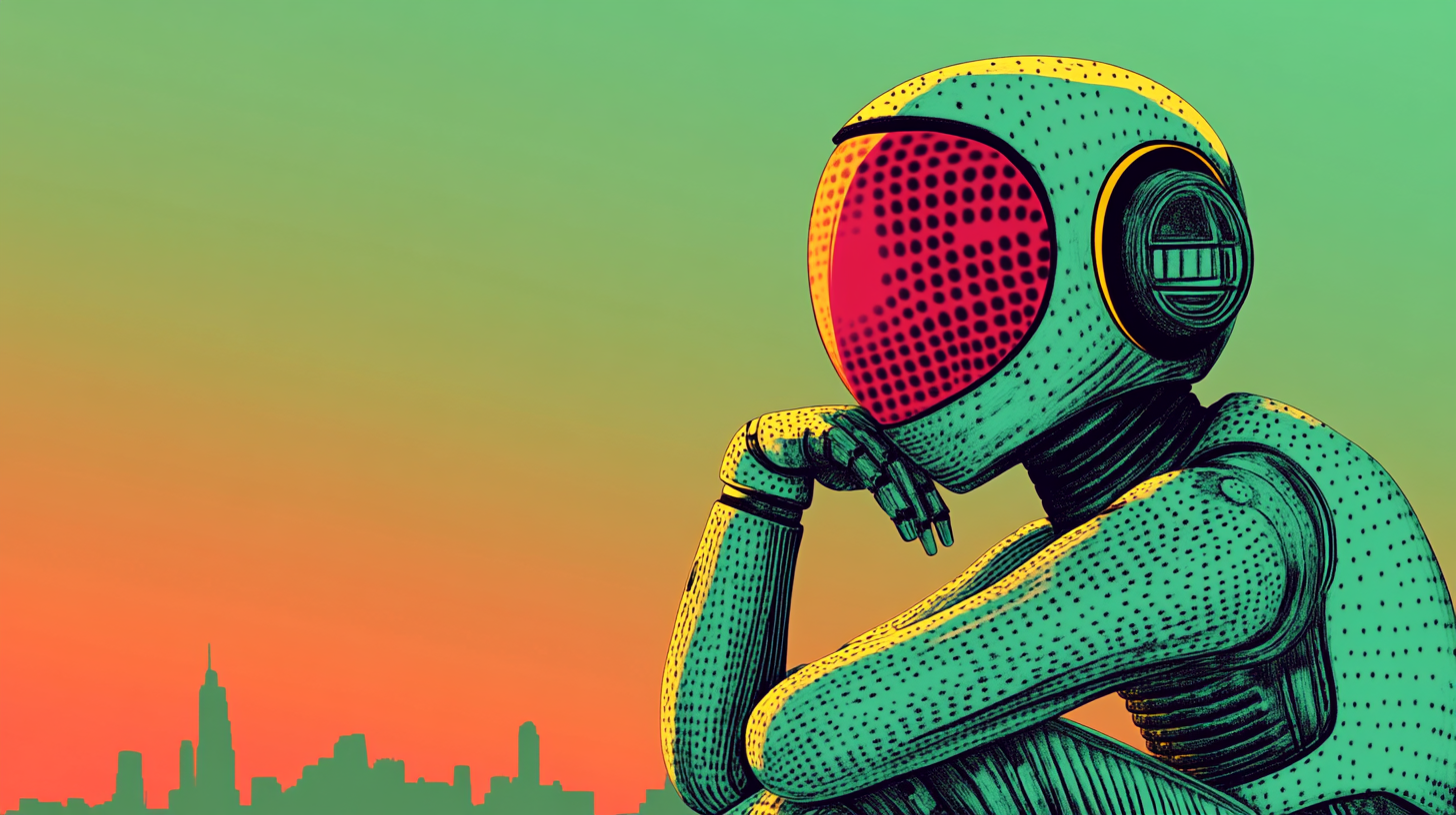 Illustration of a humanoid robot sitting down, resting it's chin on it's hand