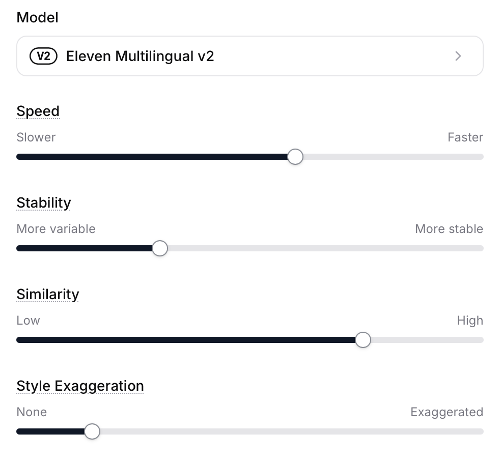 Control panel with settings for Speed, Stability, Similarity, and Style Exaggeration
