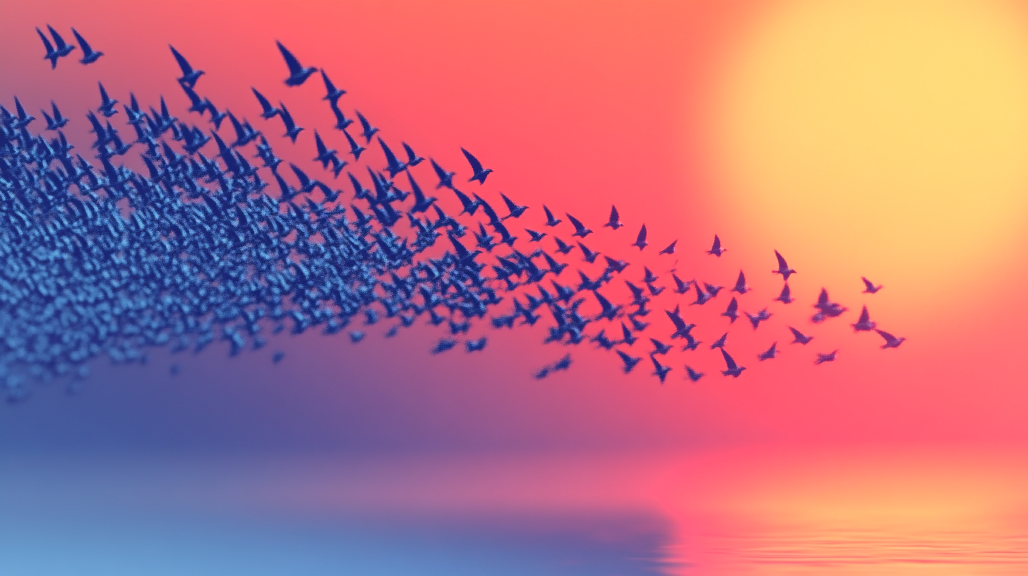Abstract image of a large flock of birds flying over water towards a setting sun