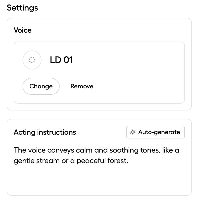 Control panel with voice selector and acting instructions field featuring an auto-generate button