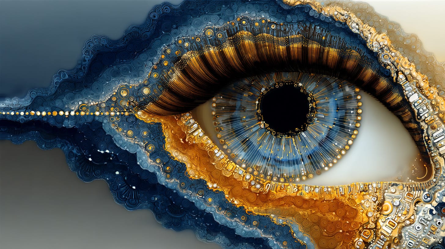 Abstract image of a human eye melding with organic circuitry