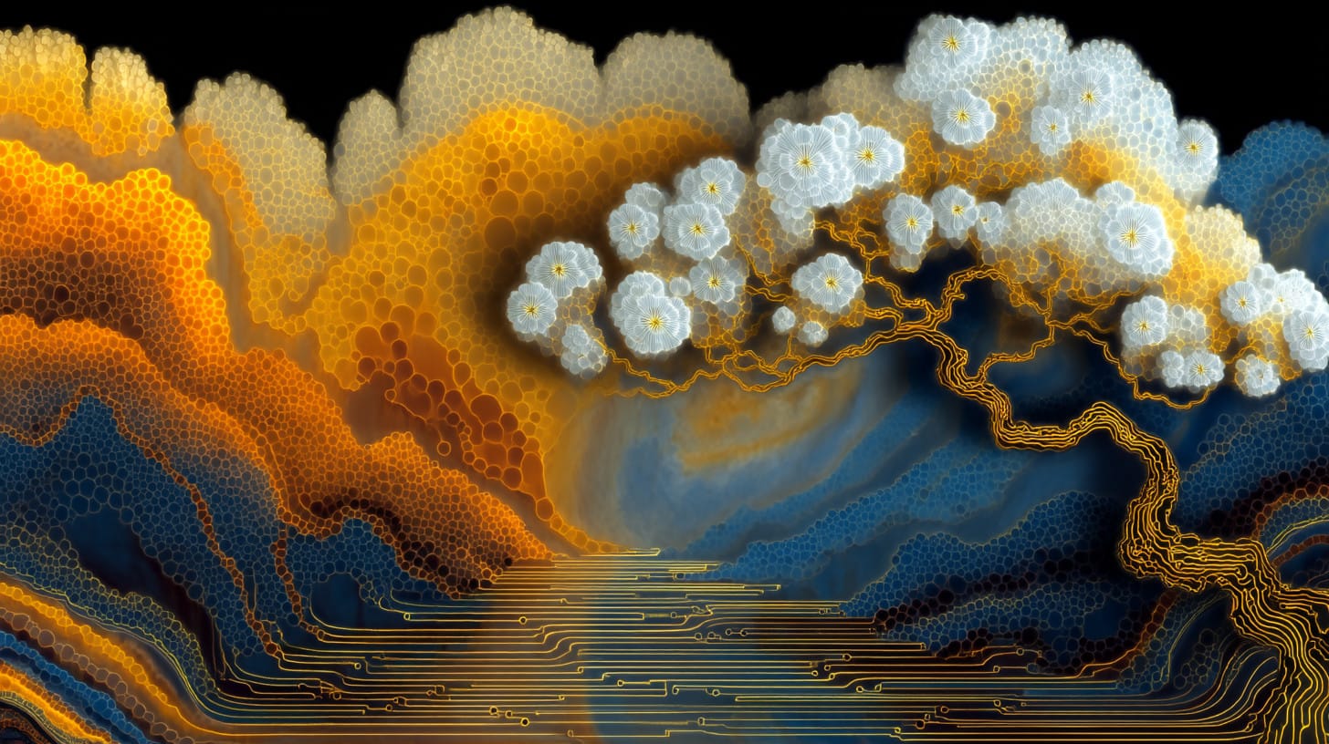 Abstract landscape with a calm lake and a blooming cherry tree rendered in gold circuits and organic bubbles 