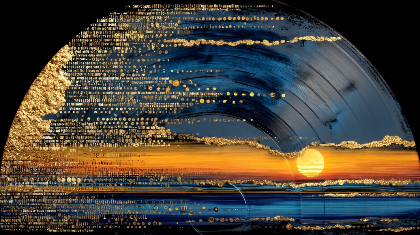 A composite image of a blue and gold vinyl record melding with an orange sunset