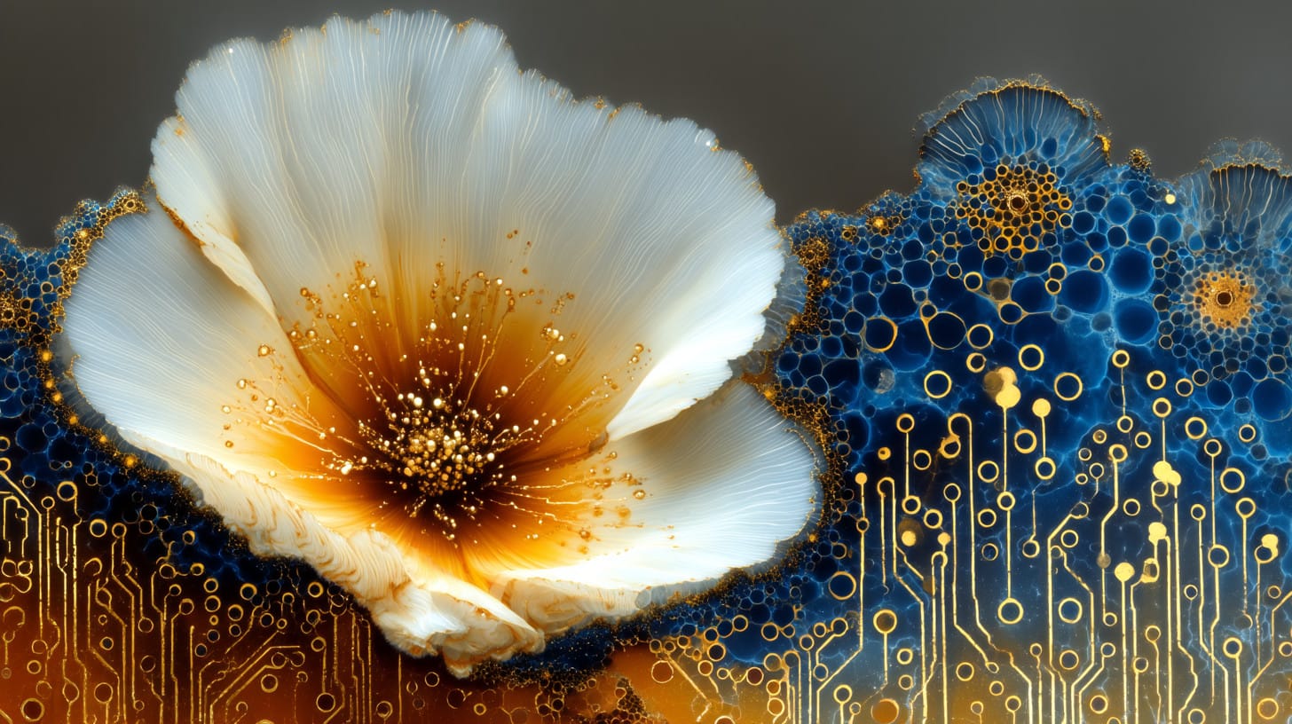 Abstract image of a delicate flower embedded in an organic circuit board