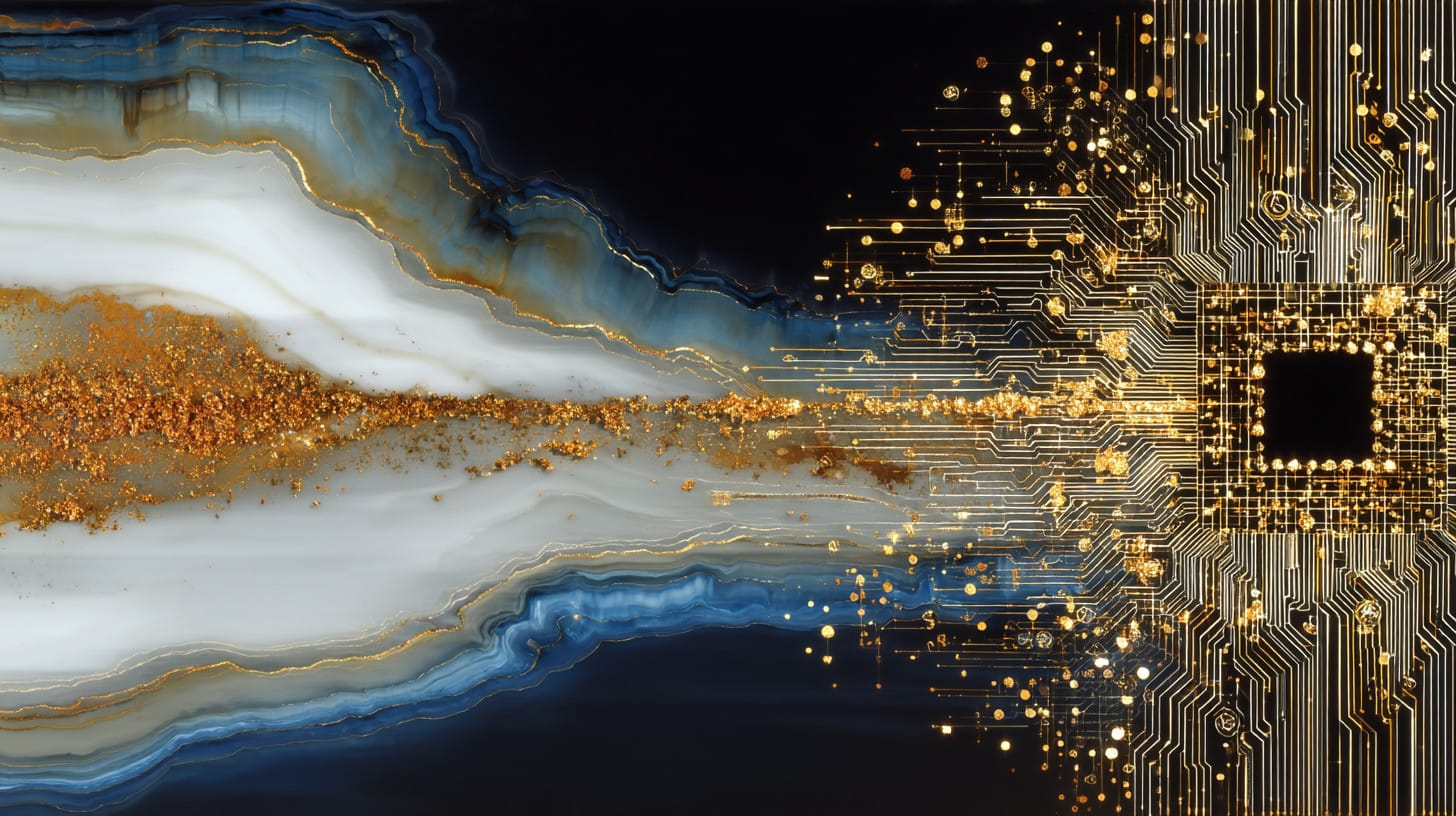 Abstract image of organic rock-like layers melding into gold computer circuitry