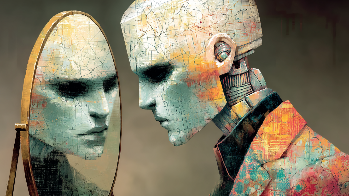 Illustration of a humanoid robot looking at its reflection in a mirror