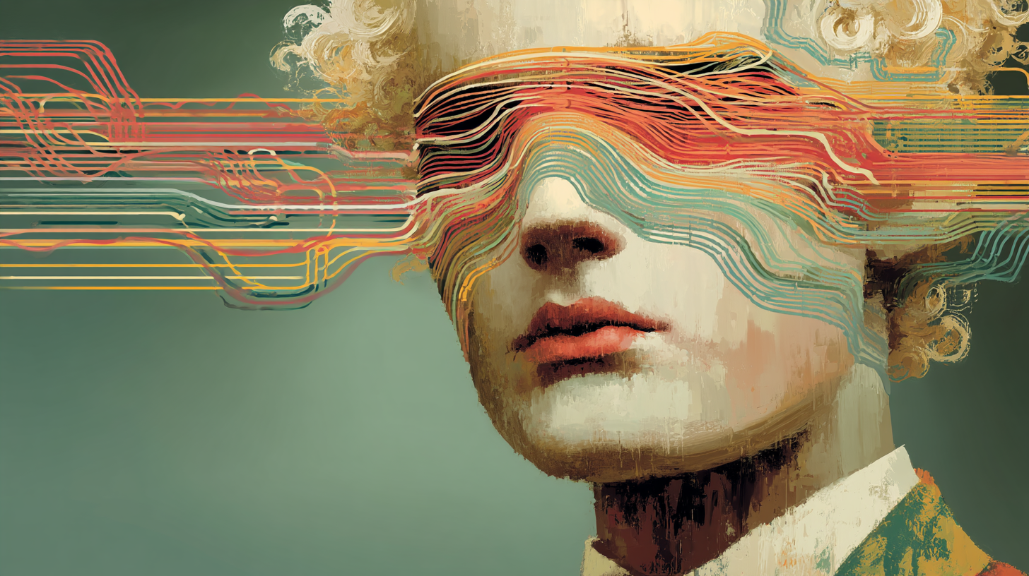 Portrait of a young man, a band of coloured lines like computer circuits stream across the image covering his eyes  