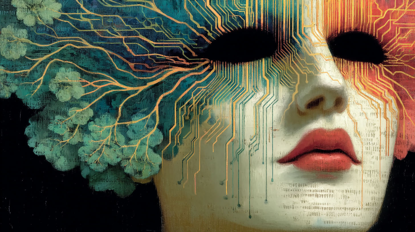 Abstract illustraion of a face with circuitry radiating from black holes where the eyes would be