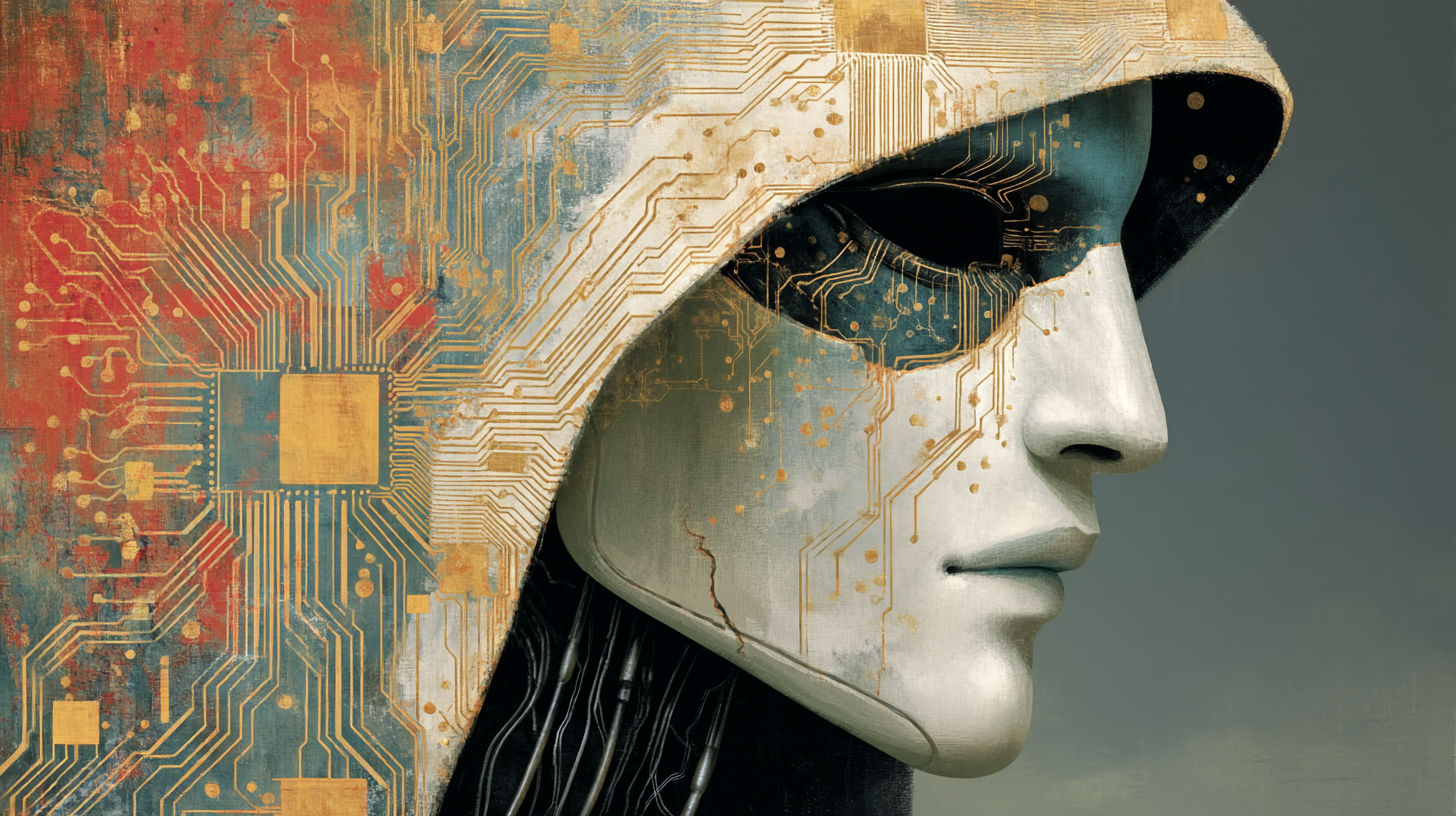 Illustration of a human cyborg wearing a hoodie, overlaid with computer circuitry