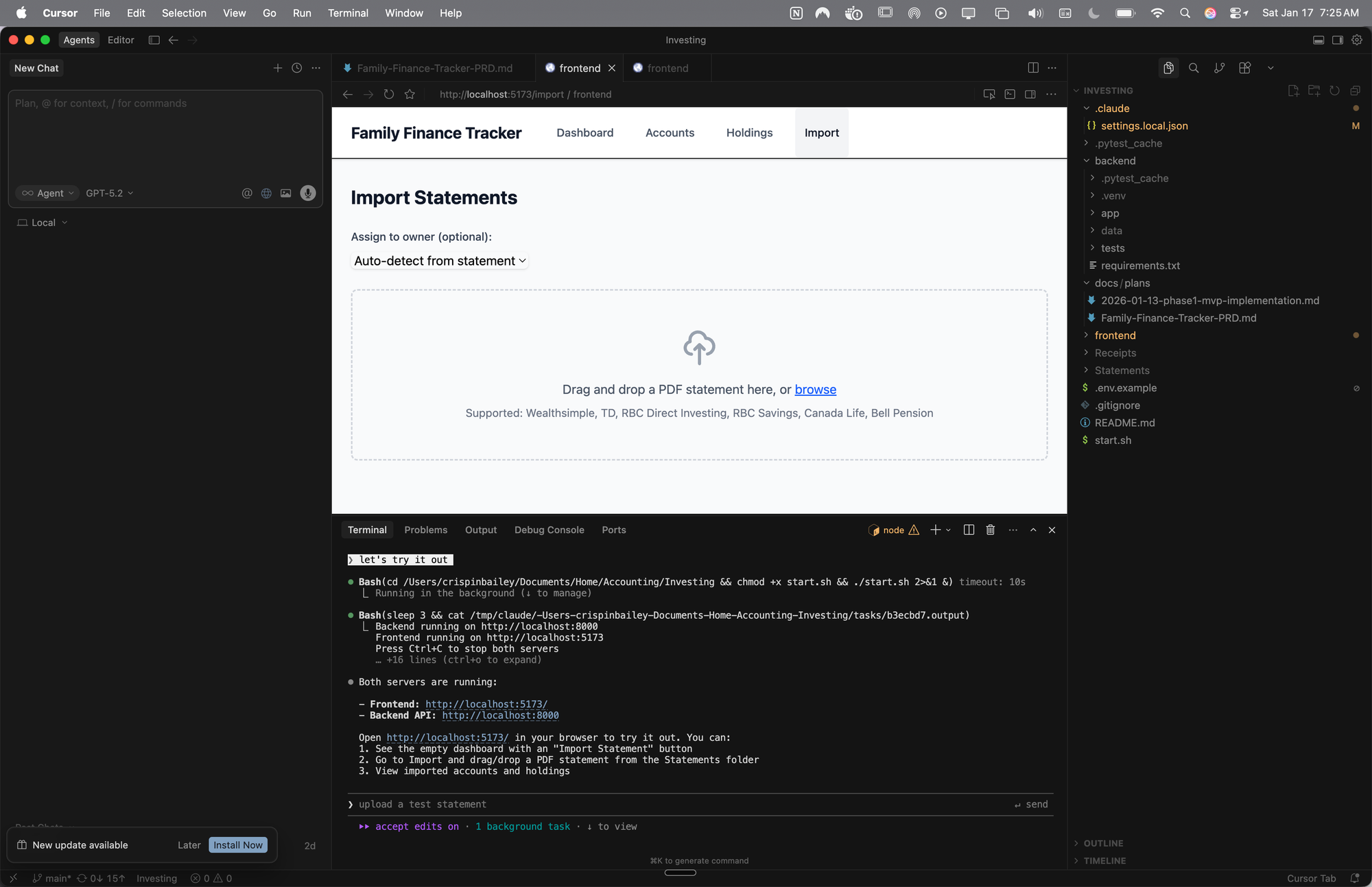 Screenshot of the Cursor interface, showing a preview of a finance tracking app and Claude Code. 