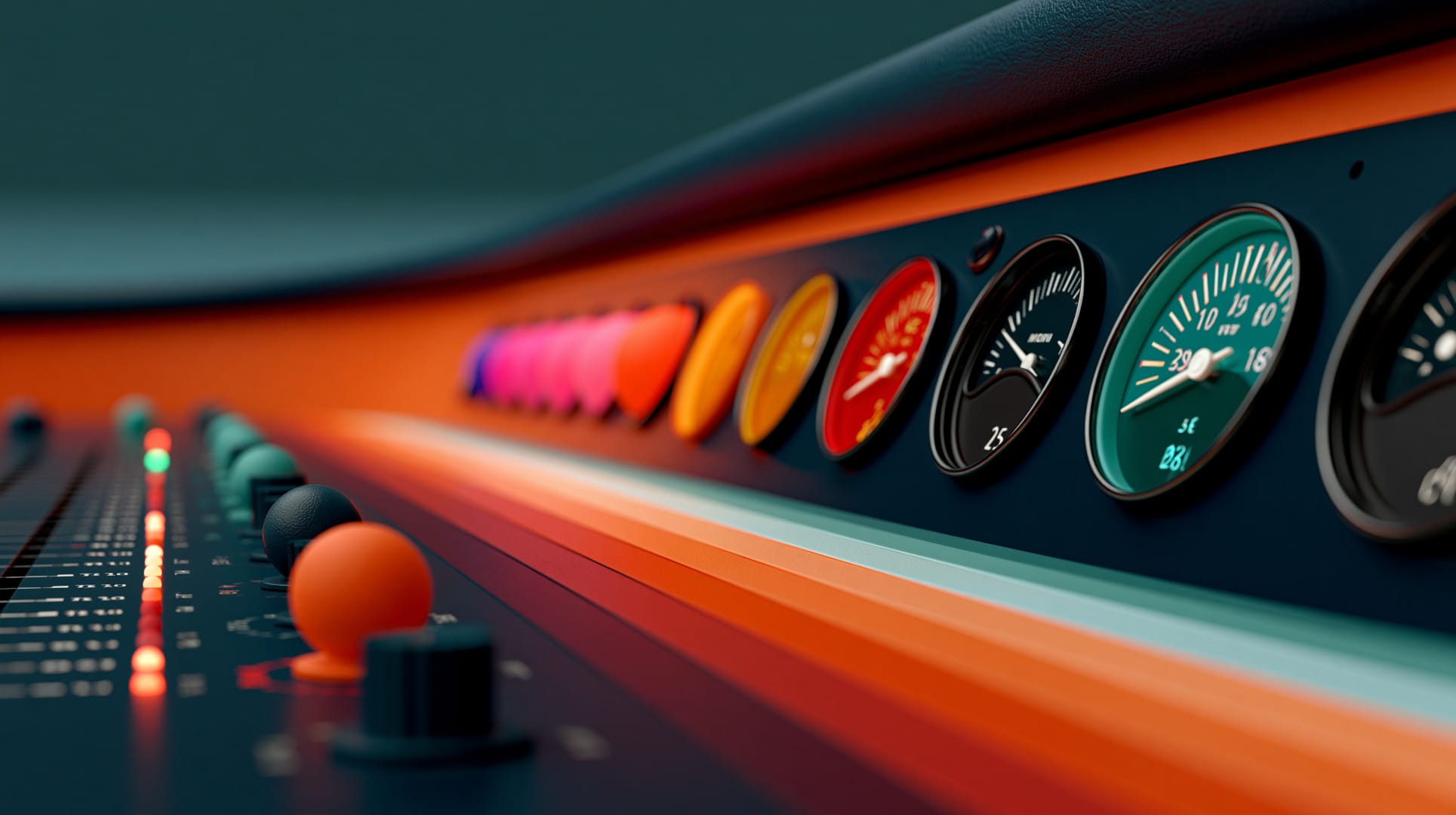 A high tech console with blinking lights, big knobs, and colourful gauges.