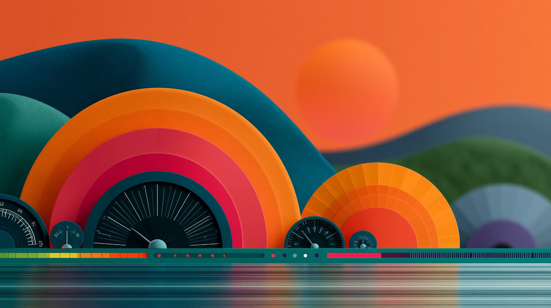 Stylized landscape of a sunset with rolling hills and giant dashboard gauges.