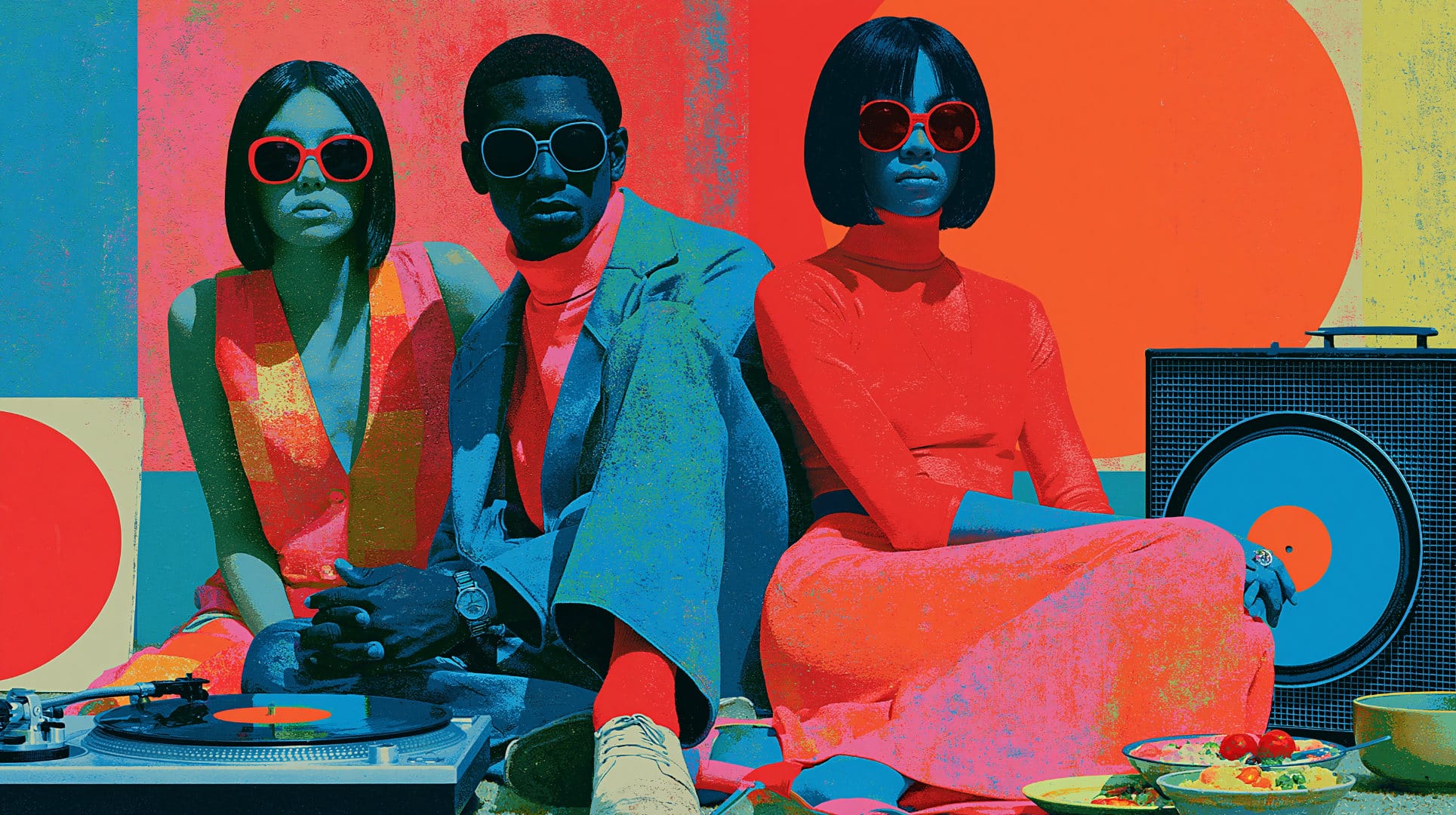 Three stylish young people sitting together with a turntable, a speaker, and bowls of food.