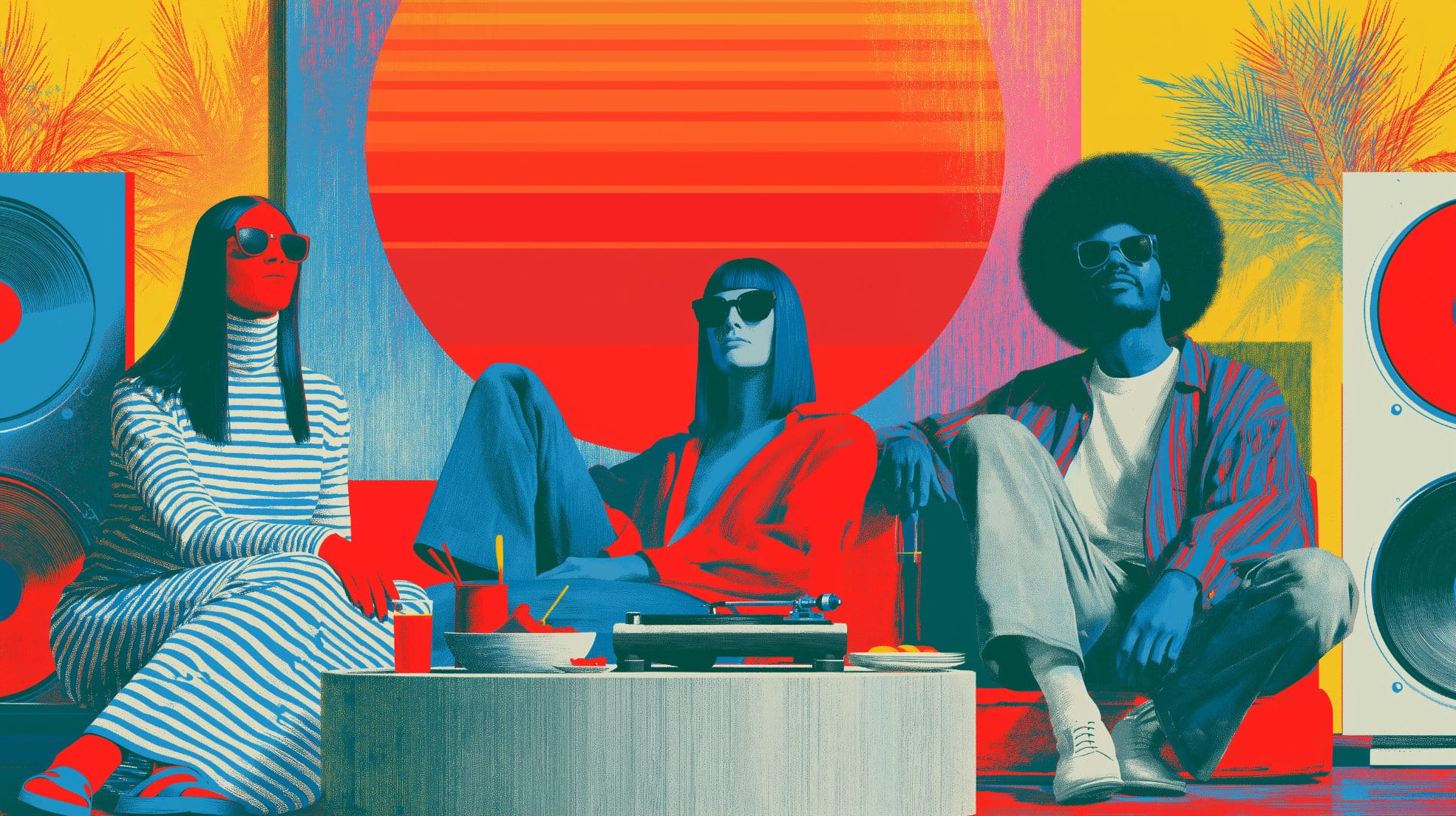 Two young women and a young man, all looking aloof,  sitting on a couch between two large speakers