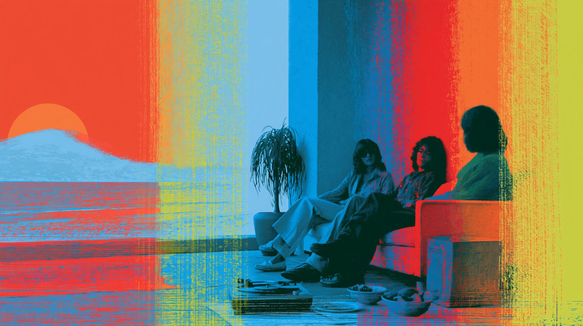Three young adults with shaggy hair sit on a couch in a living room, near bowls of food and a record player.
