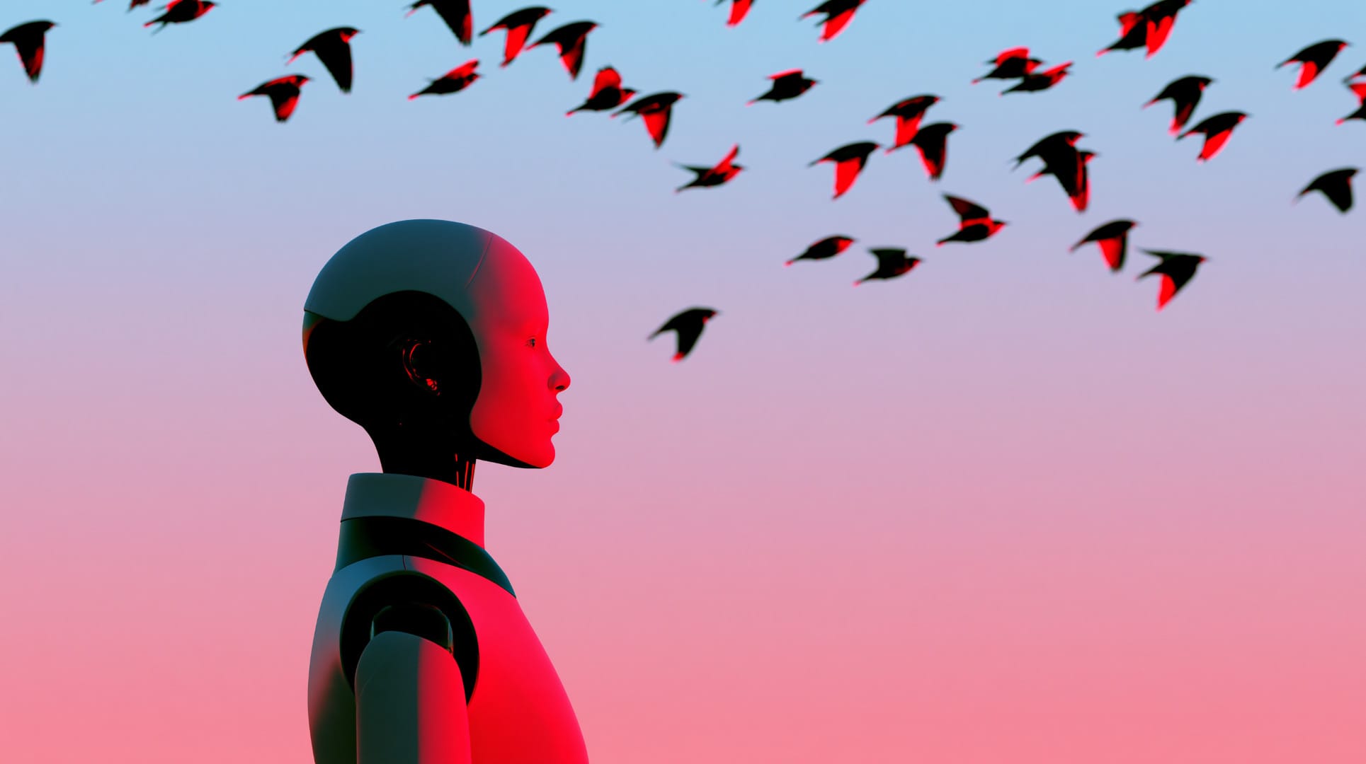A humanoid robot in profile watches a flock of red-tinted birds cross a pink-and-blue sunset sky.