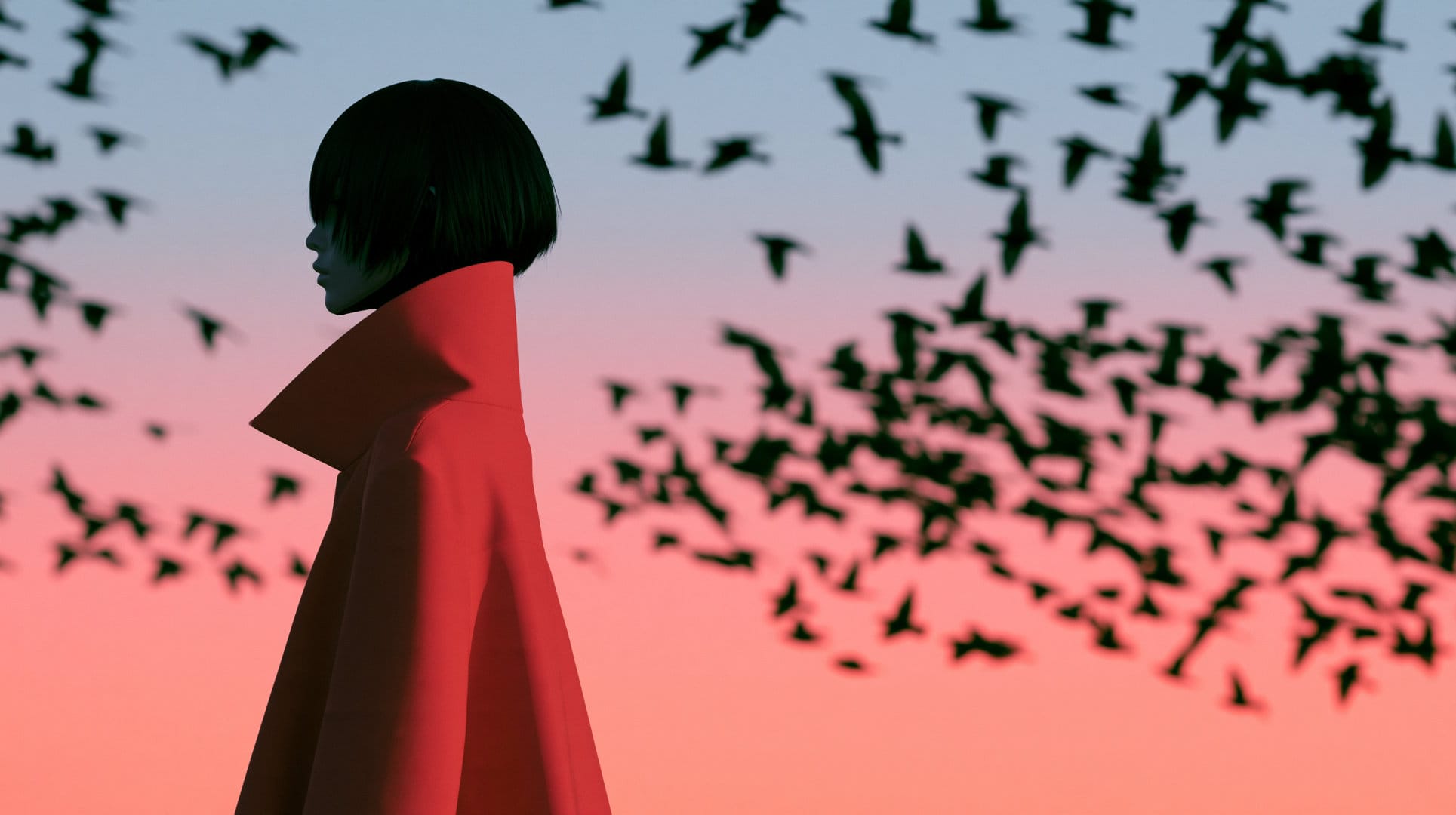 A dark-haired figure with a short bob, in a red coat, back turned, silhouetted against a sunset sky filled with a flock of birds in flight.