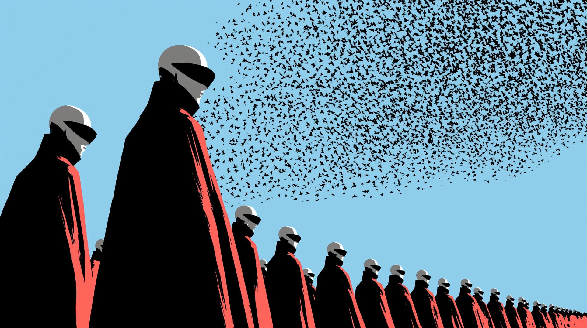 Illustrated row of identical caped, helmeted figures fading into the distance beneath a huge swirling flock of birds.