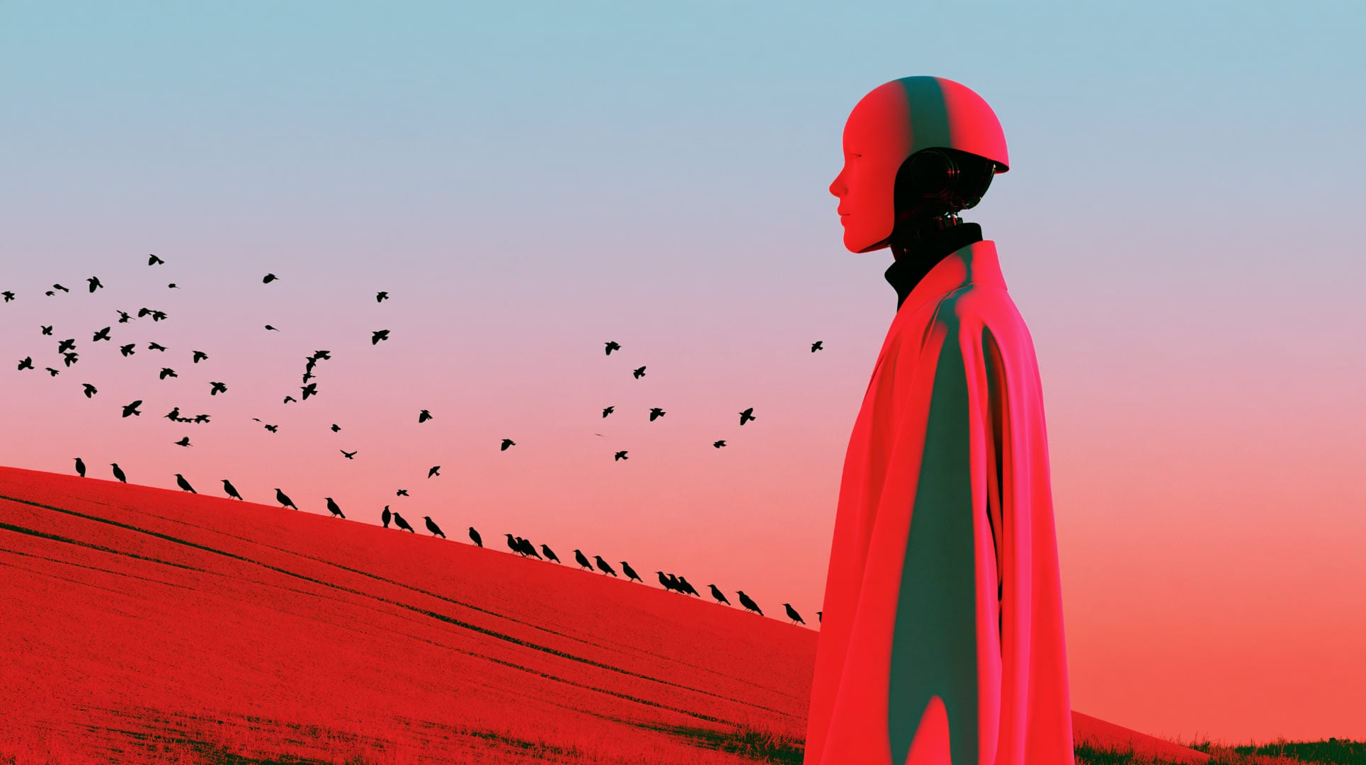 A caped, humanoid figure stands on a red hillside watching a line of birds perched along the ridge at dusk.