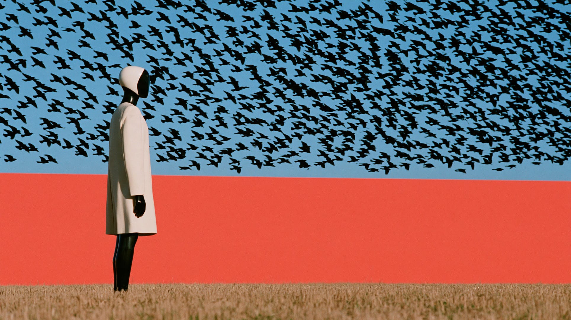 A white-coated, hooded figure stands in a field facing a dense flock of birds filling the sky above a band of red horizon.