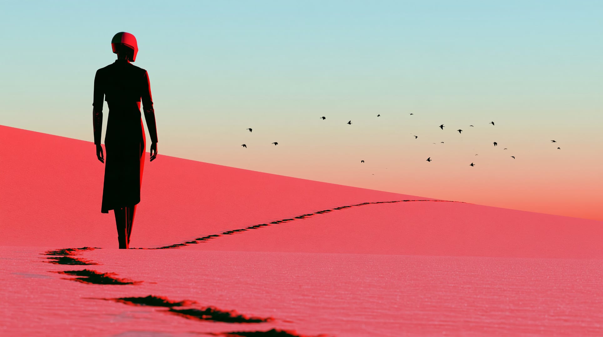 A silhouetted humanoid figure walks alone across a rose-coloured dune, footprints trailing behind, birds distant in a sunset sky.