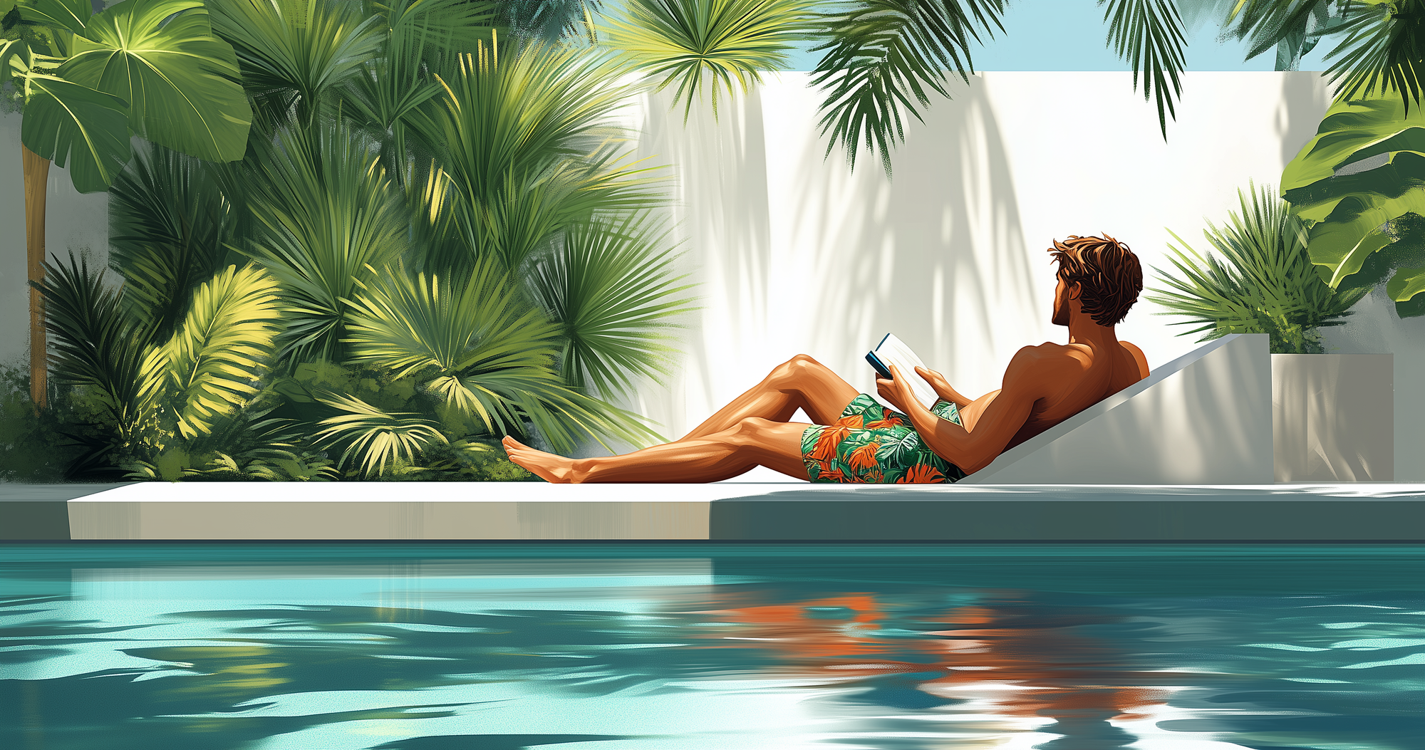 Illustration of a man reclining by a pool surrounded by tropical plants, reading a book.