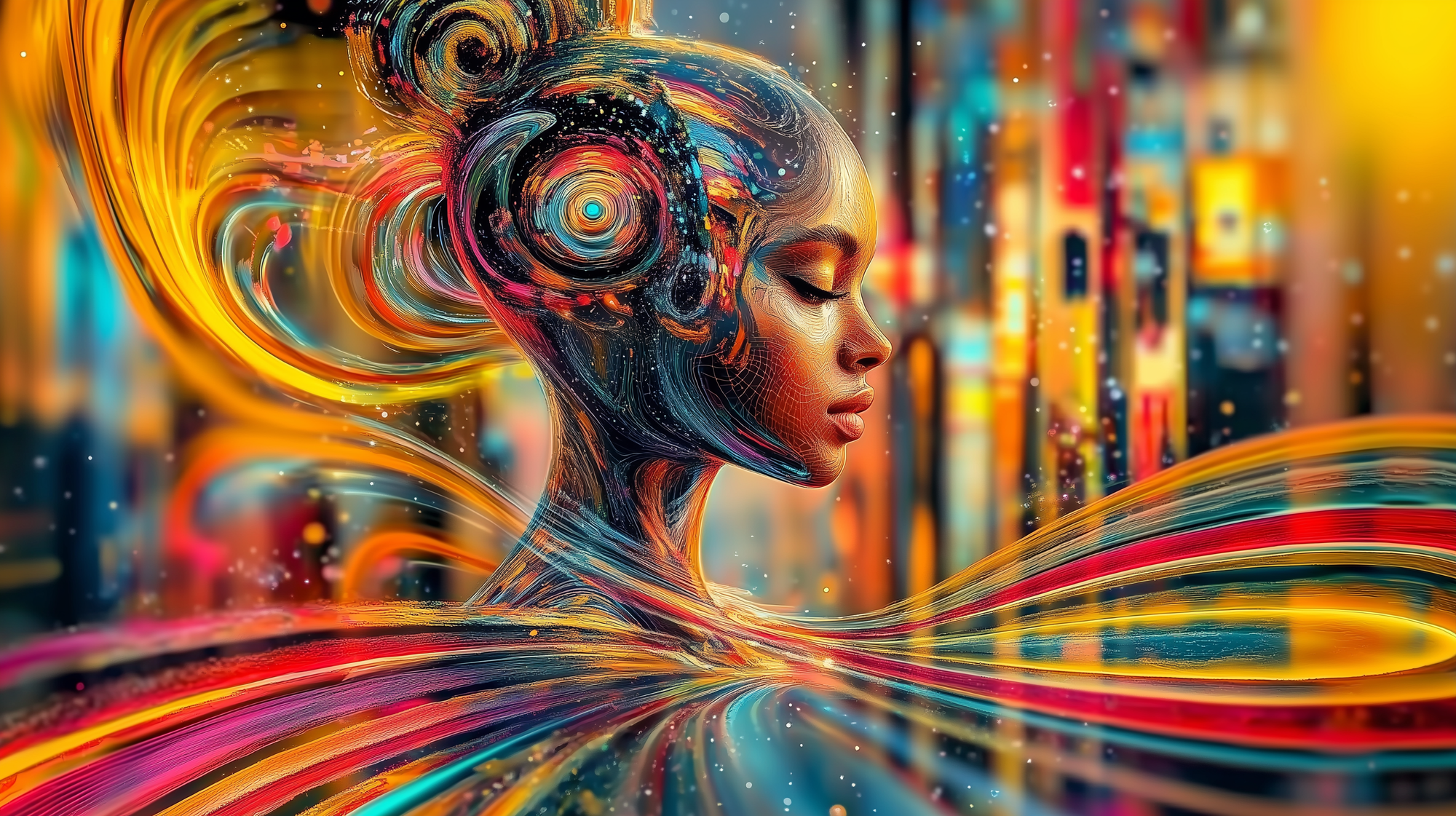 An abstract image with bright swirling colours emanating from a closeup profile of a beautiful young woman.