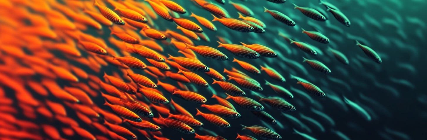 A large school of iridescent orange fish in the deep sea