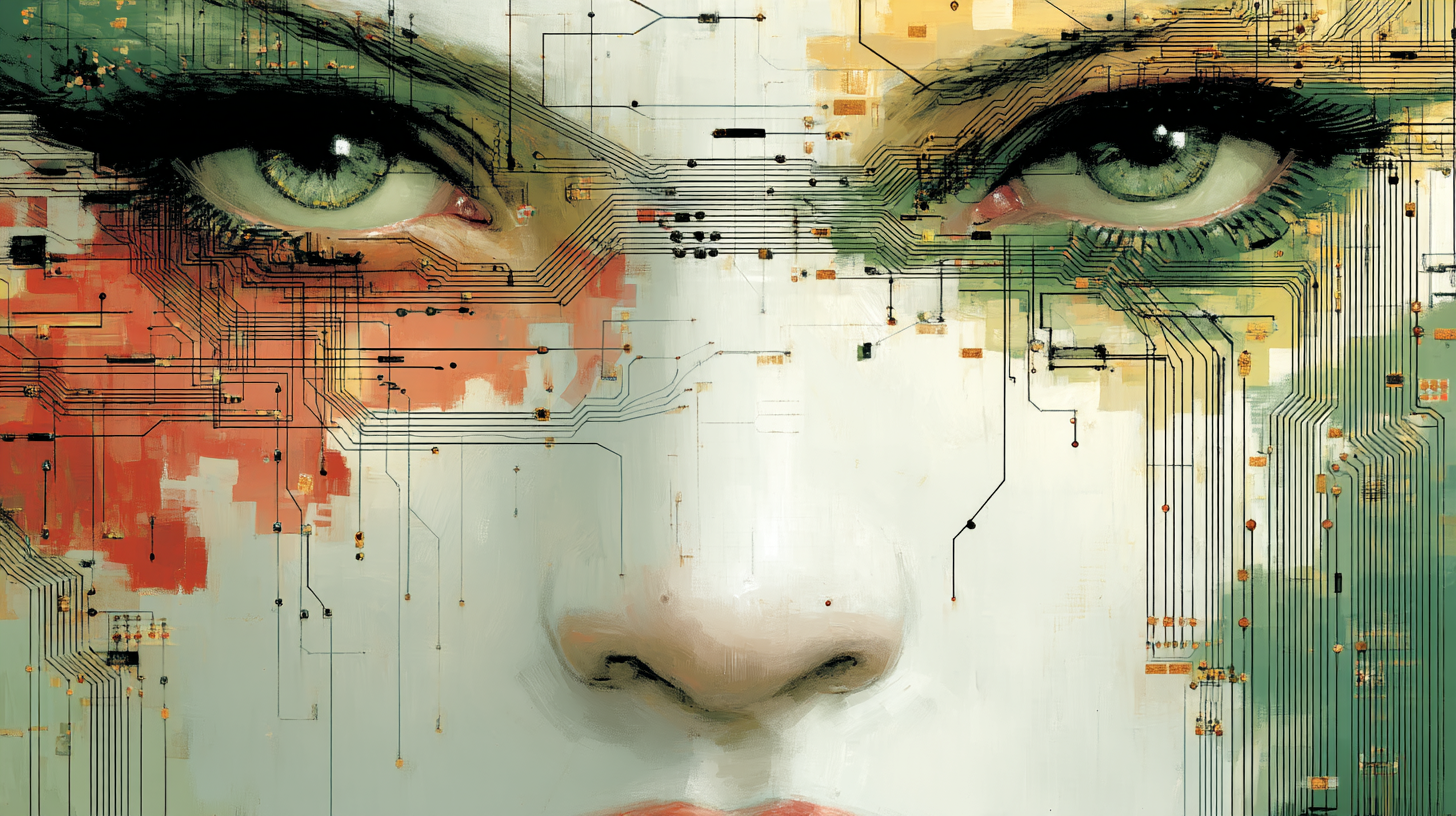 Illustration of a closeup of a human face overlaid with computer circuitry