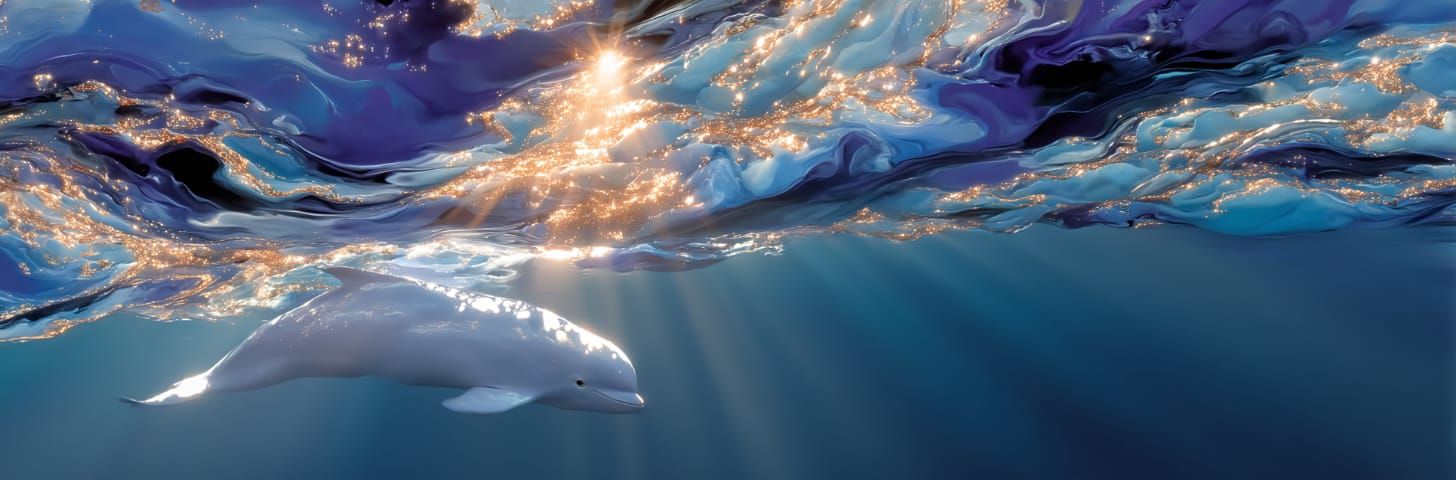 A lone beluga whale swims close to the surface as light beams down into the ocean's depths