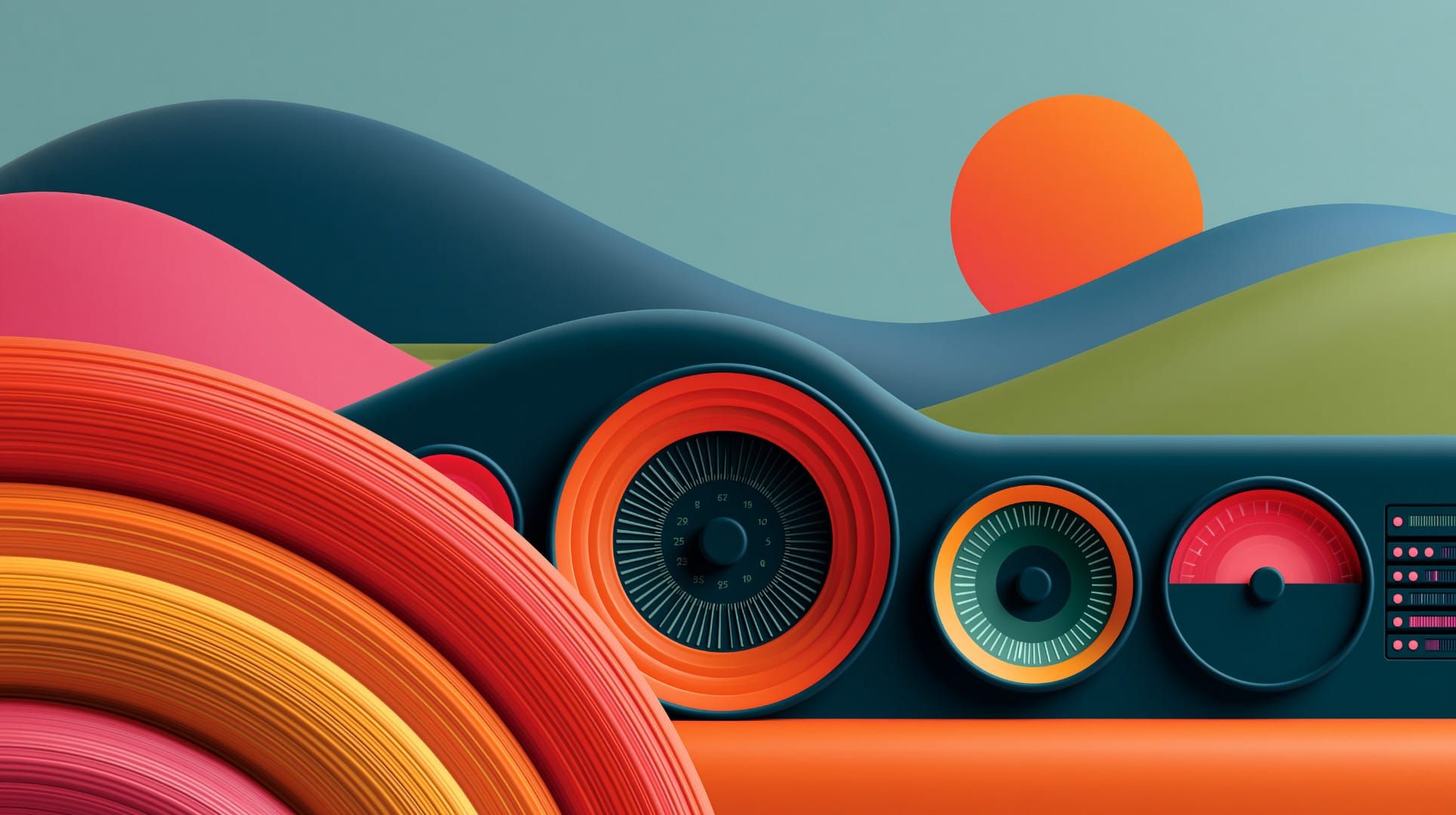 A stylized landscape image with a dashboard made up of several gauges melded with rolling hills and a setting sun.