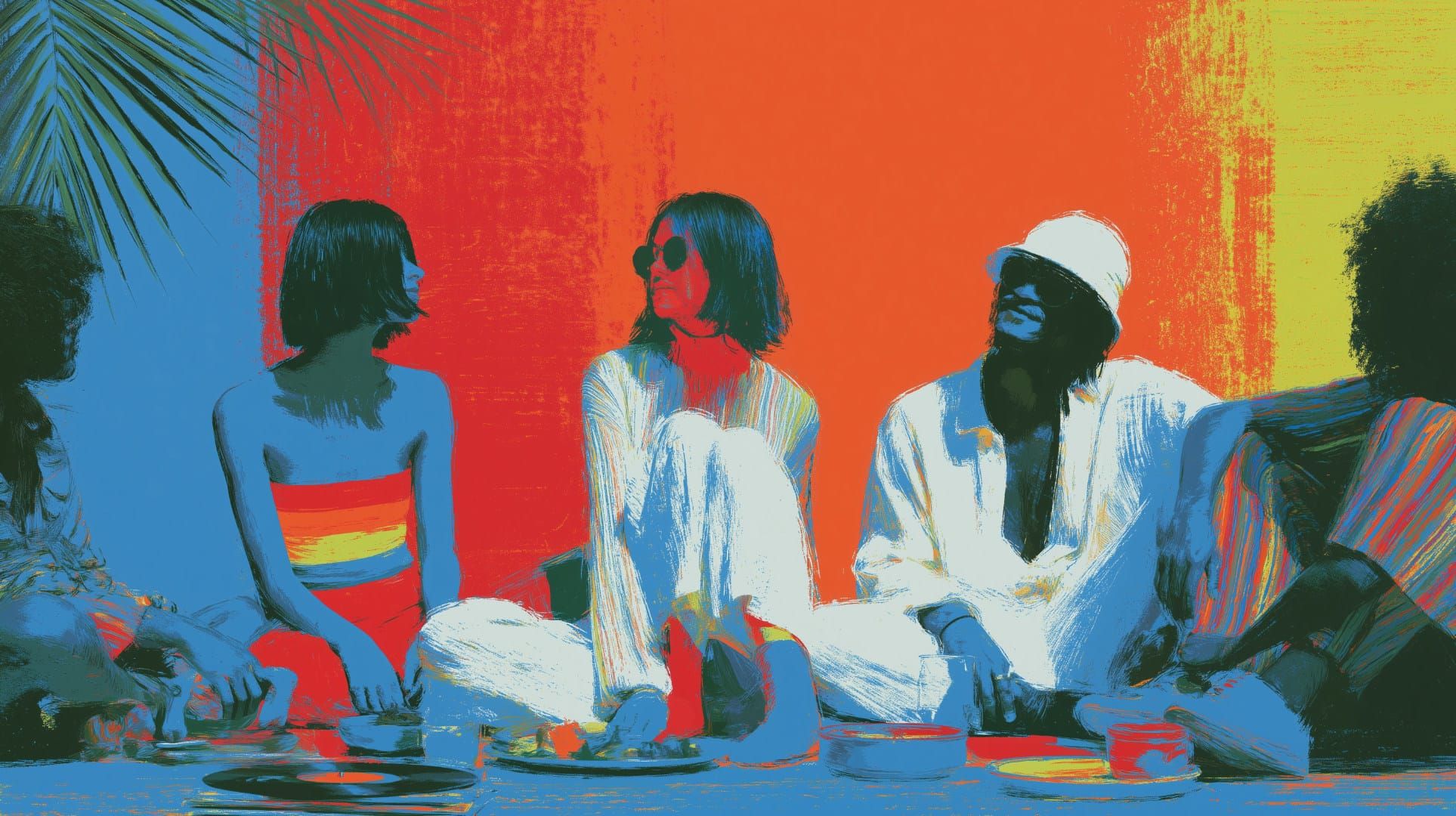 A group of young people sitting on the floor, plates of food, a stack of vinyl records.